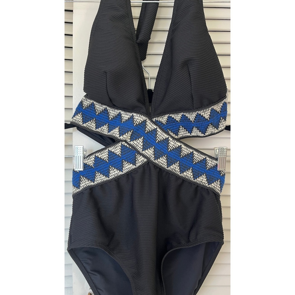 CupShe Deep V Cutout Geo Stitching One Piece Swimsuit Black Sz M NWT - Picture 2 of 6
